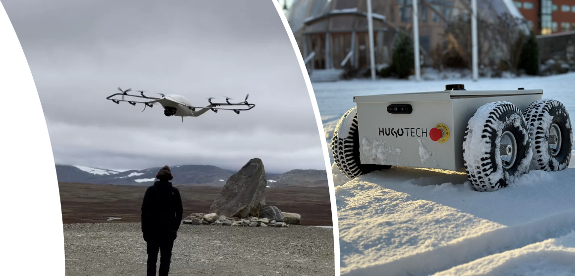 Left: A man with a drone. Right: A Hugo Tech delivery robot in snow.