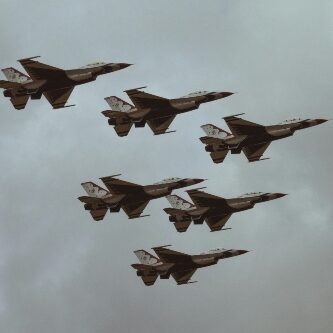 Airforce with six planes flying in formation.