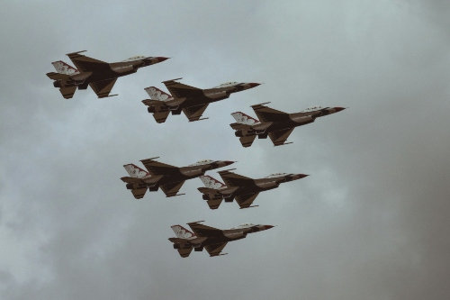 Airforce with six planes flying in formation.