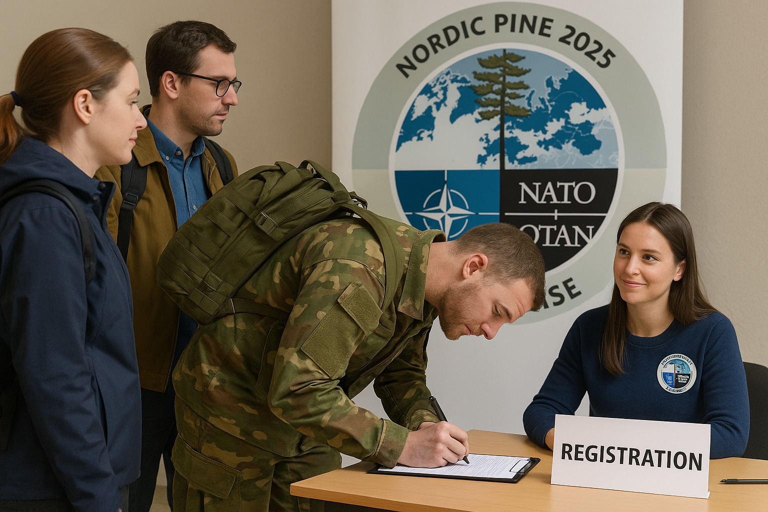 Young man in militairy outfit signing up for Nordic Pine.